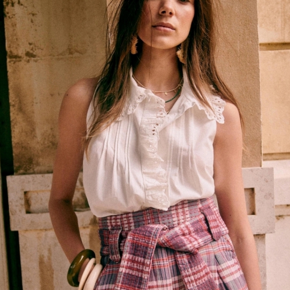 Sezane White Sleeveless Eyelet Collar Blouse
